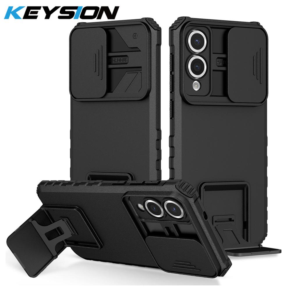 KEYSION Shockproof Armor Case for Samsung S25 Edge 5G Slide Camera Lens Protection Live Stand Phone Cover for Galaxy S25 Edge 5G