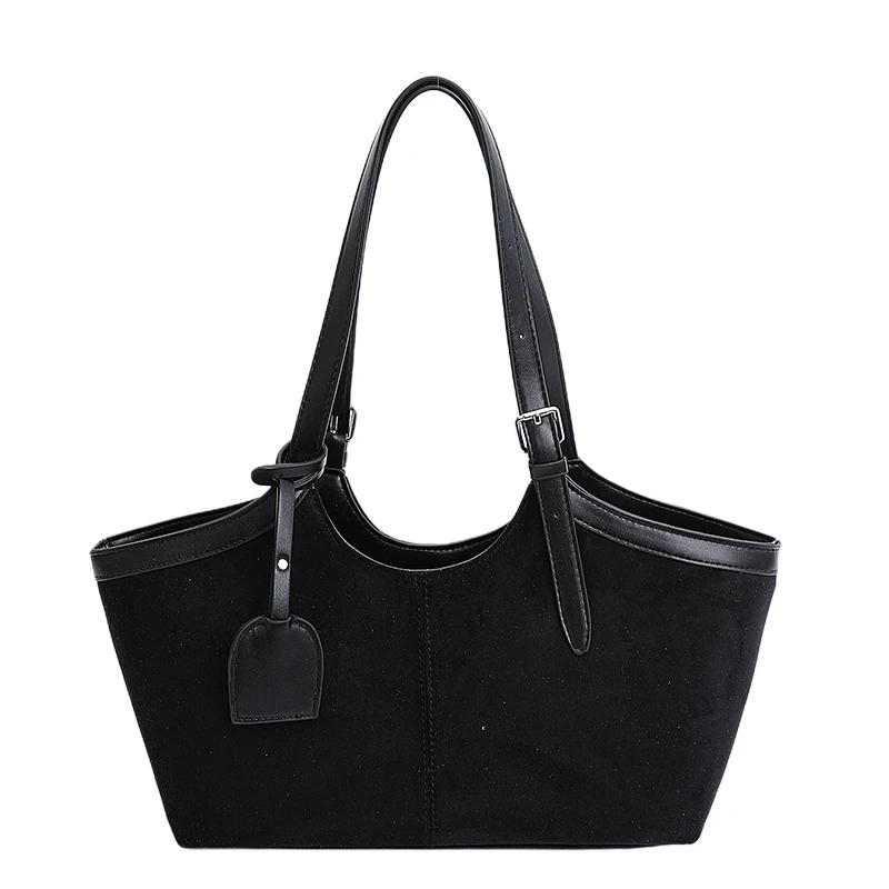 Large Capacity Double Solid Colors Retro Sweet Shoulder Bags 2026 Sided Use Sense of Luxury Suede Tote Bags for Women чёрный