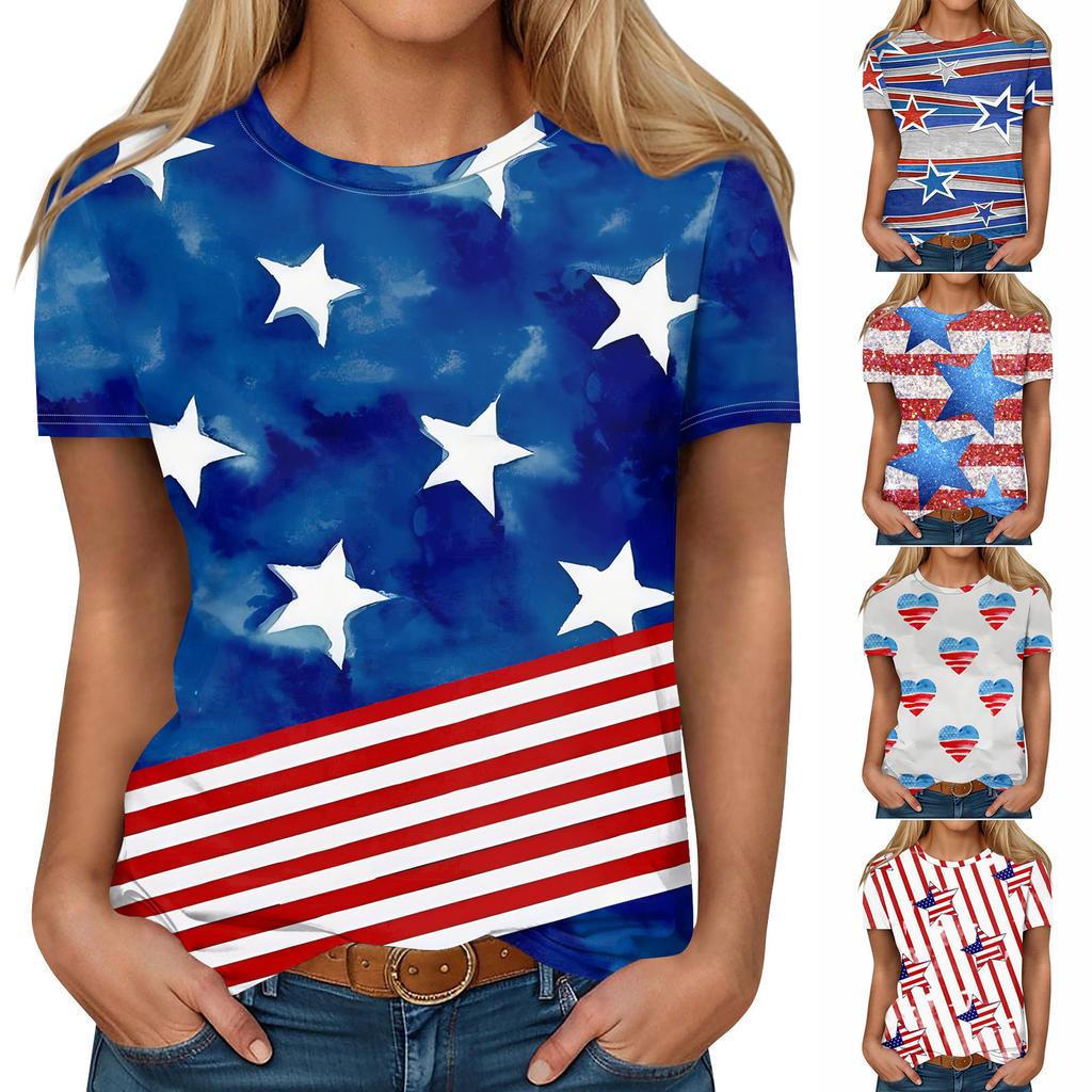 Women's Fashion Casual Independence Day Printed Round Neck Short Sleeve T-Shirt Top
