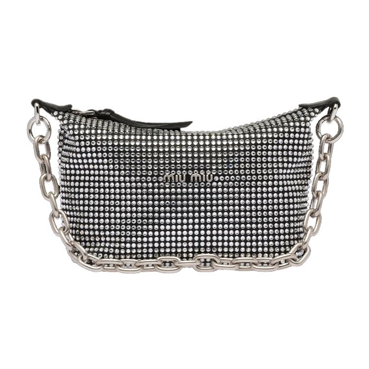 

MIU MIU Miu Spirit Faux Crystal Decor Detachable Chain Satin Shoulder Tote Bag Women Handbags Black 5BC103-2D5H-F0002-V-OOO Basic Set (Bag+Dust Bag)