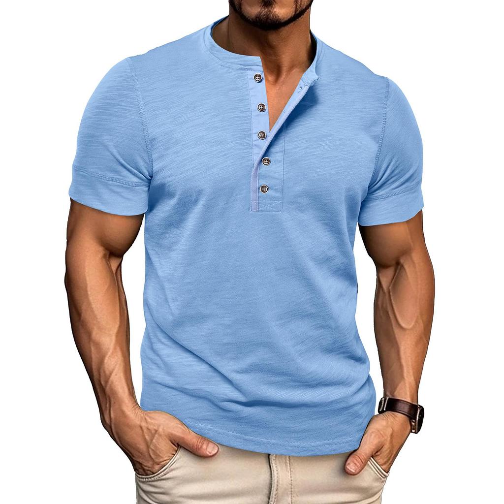 Men’s T-shirts Henley Collar Short Sleeves Cotton Polo Shirts Solid Color Casual Tops