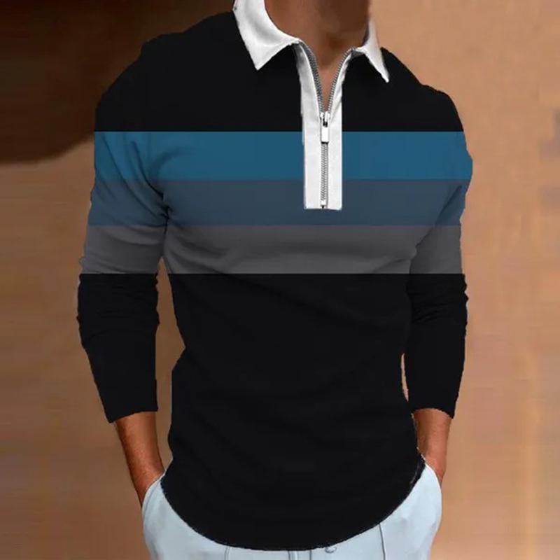

Polo Shirts Men Long Sleeve Fashion Blue Stripe Print New Men s Polo Shirt Long Sleeve Zipper T-shirt Top