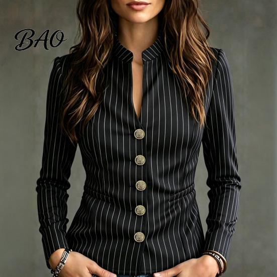 Women Slim Fit Blazer Stand Collar Striped Blazer, Single-Breasted Casual Jacket Blouse Top, Office Business Outerwear Slimming Waist Coat