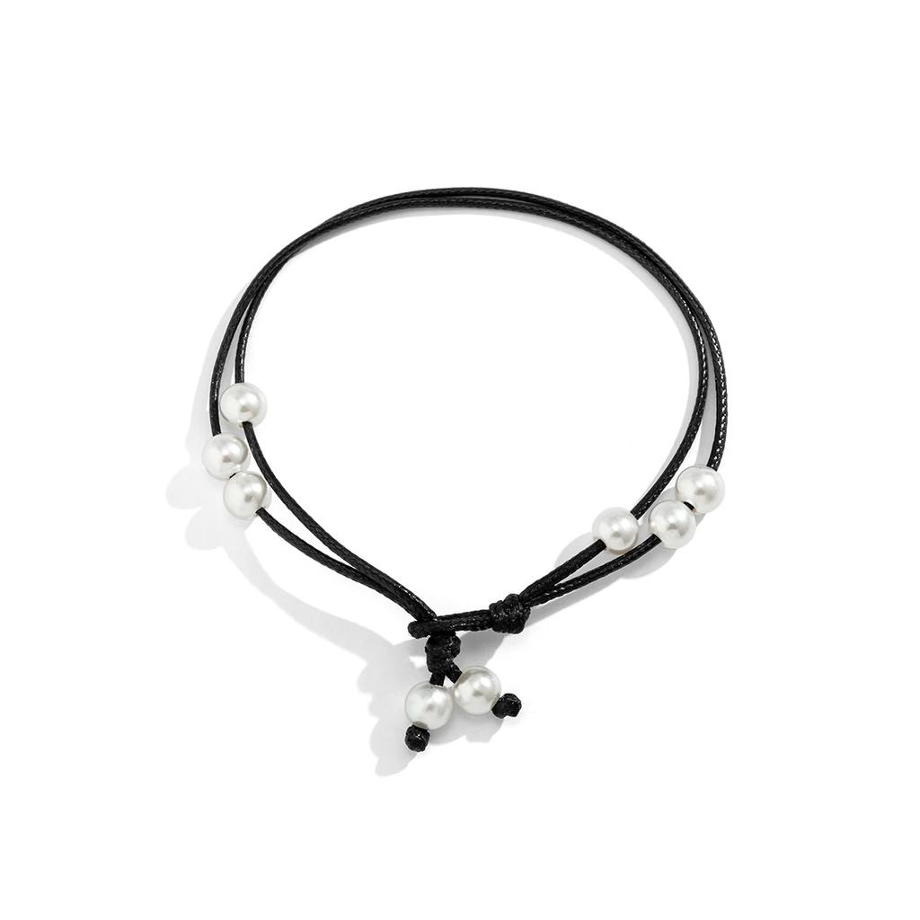 New Fashion Boho Black Wax Thread Adjustable Chain Anklet Women Summer Beach Barefoot Ankle Imitation Pearl Pendant Foot Jewelry