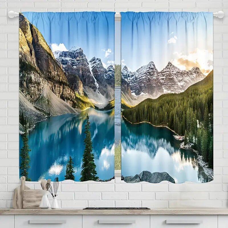 2pcs -Snow-capped Mountains, Forests and Lake Landscapes Print Curtains, Pole Bag Curtains, Home Decoration, Room Decoration
