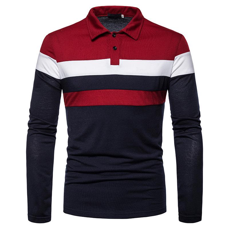 

2025 Men s Double Color Patchwork Lapel Polo - Trendy British Style, Spring/Autumn Long Sleeve XL красный/тёмно-синий