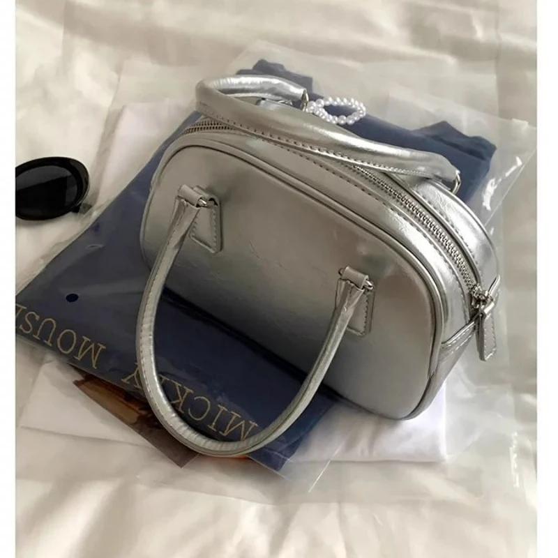 Mini Korean PU Leather Bag for Women  Silver Bowling Shoulder Bag  Girls Crossbody Bag  Fashion  Summer  New