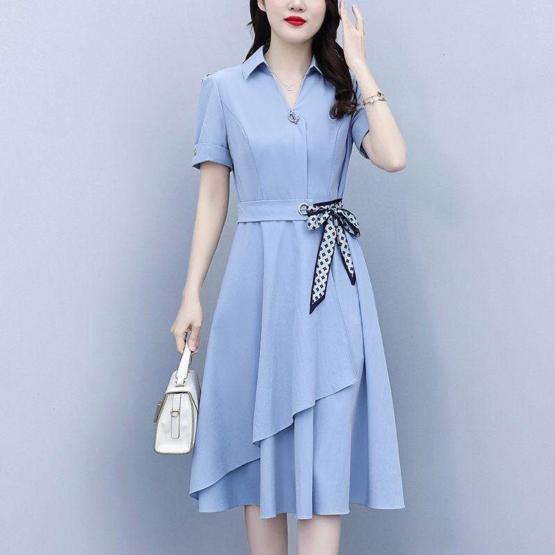 Summer Women's Dresses with Short Sleeves Solid Color Slimming and Covering Belly