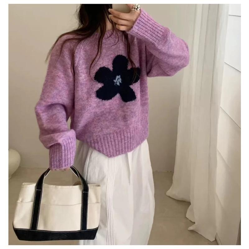 Streamgirl Winter Gray Sweater Flower Women Loose Knit Pullovers Purple Knitwear Vintage Warm Flower