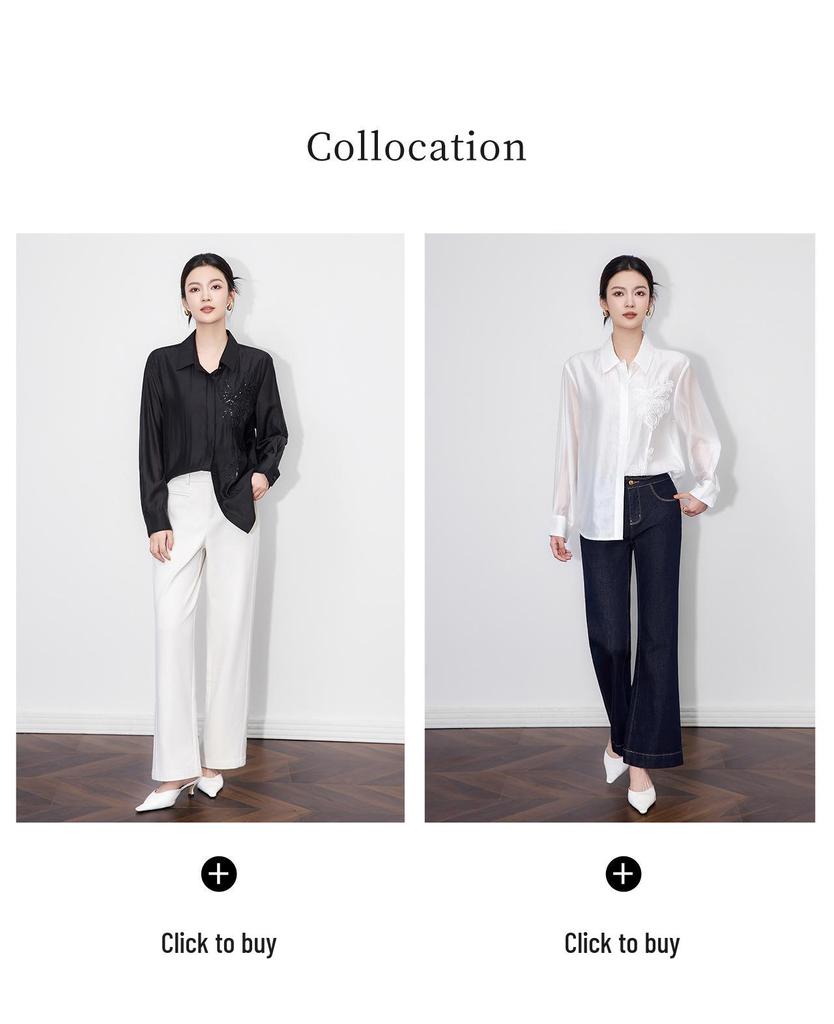 French Embroidered Long Sleeve Shirt with Turn-Down Collar for Early Autumn Women's Fashion.