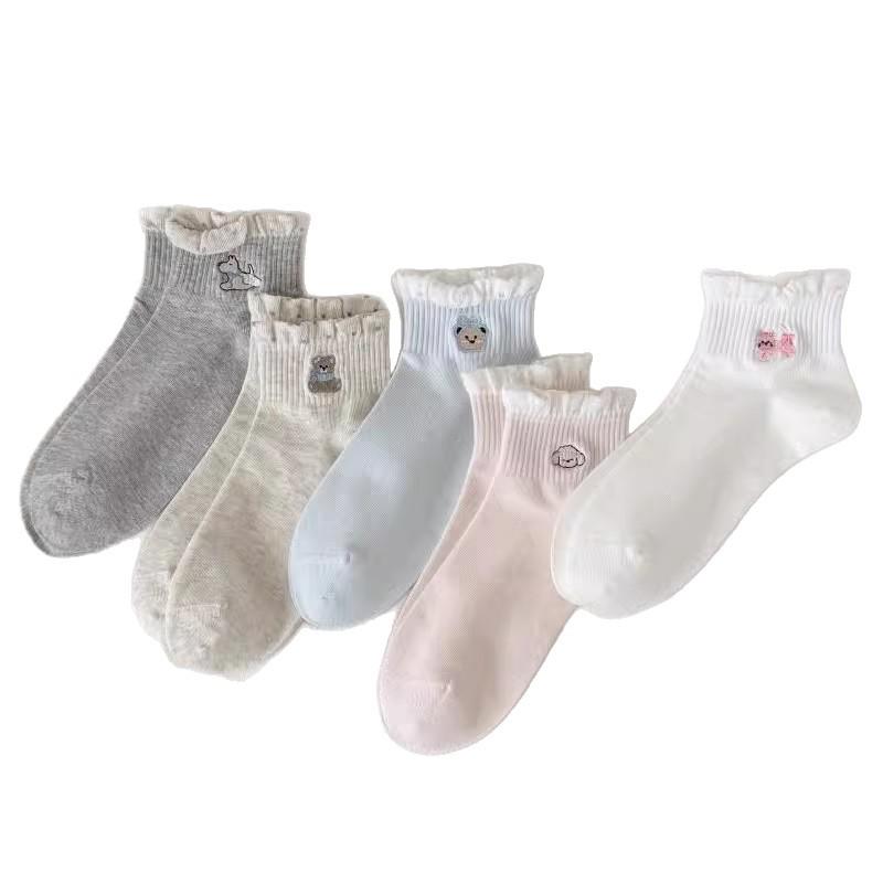 White Ruffle Socks with Japanese Cartoon Heart Embroidery - Spring/Summer Collection for Girls