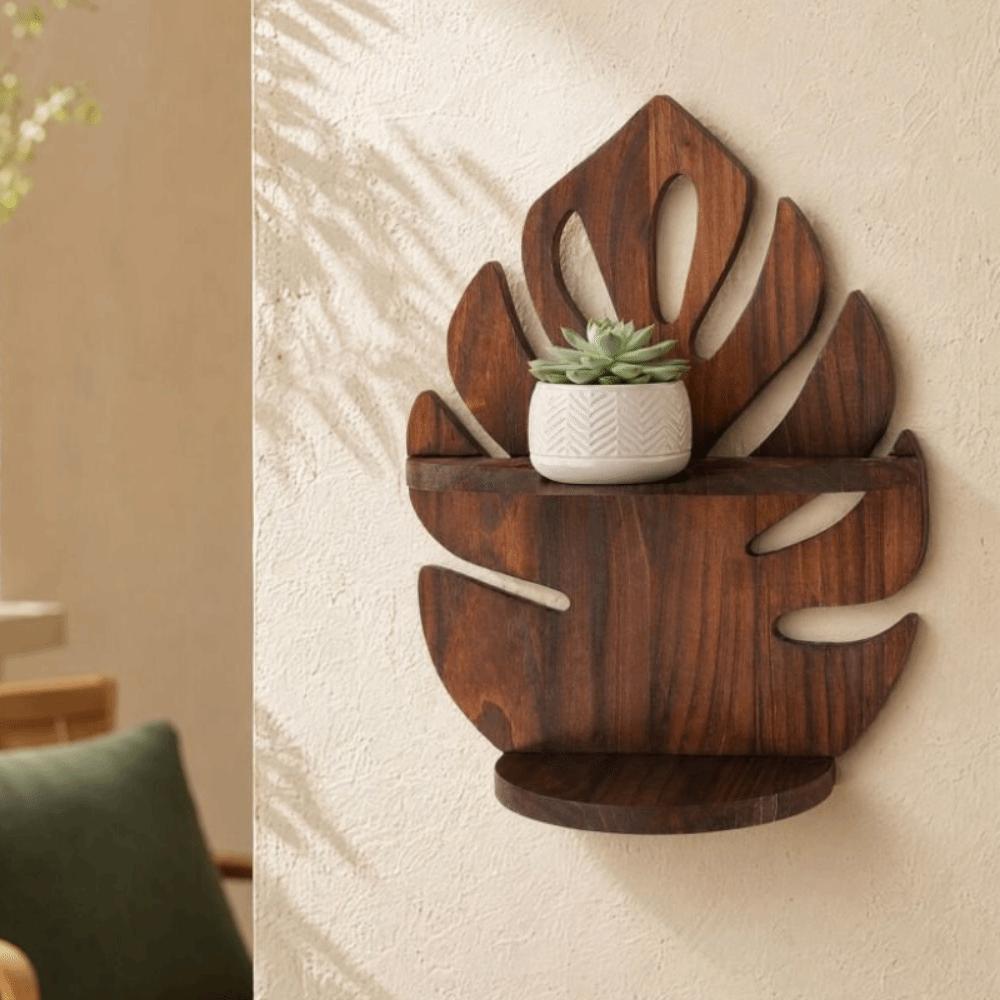 Decorative Wooden Monstera Shelf Rustic Photo Frame Storage Rack Wood Display Shelf Office