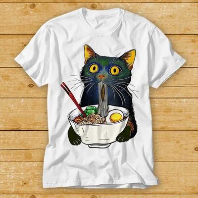 Ramen Noodle Black Cat Foodie Lover Printed Tshirt Woman Man Japanese Harajuku Vintage Tee Cotton T Shirt Shortsleev