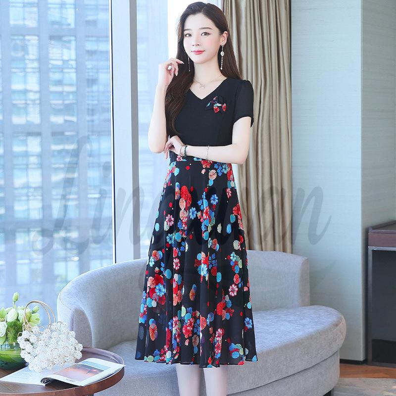 Women's Elegant Waist-Cinching Summer Chiffon Dress - Short-Sleeve, Two-Piece Look with Printed Design