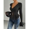 Women's Elegant Style T-Shirt Autumn Winter New V-Neck Ruffle Slim Fit Temperament Fleece Top