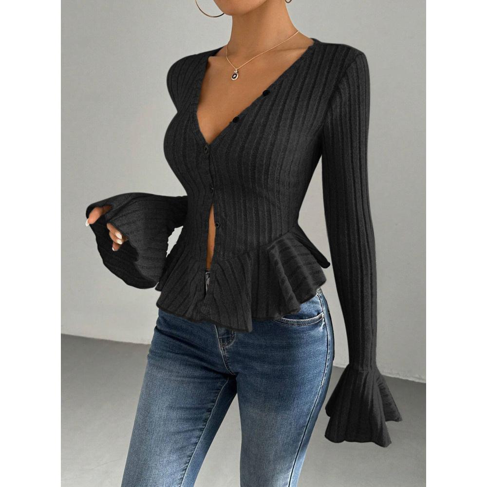 Women's Elegant Style T-Shirt Autumn Winter New V-Neck Ruffle Slim Fit Temperament Fleece Top