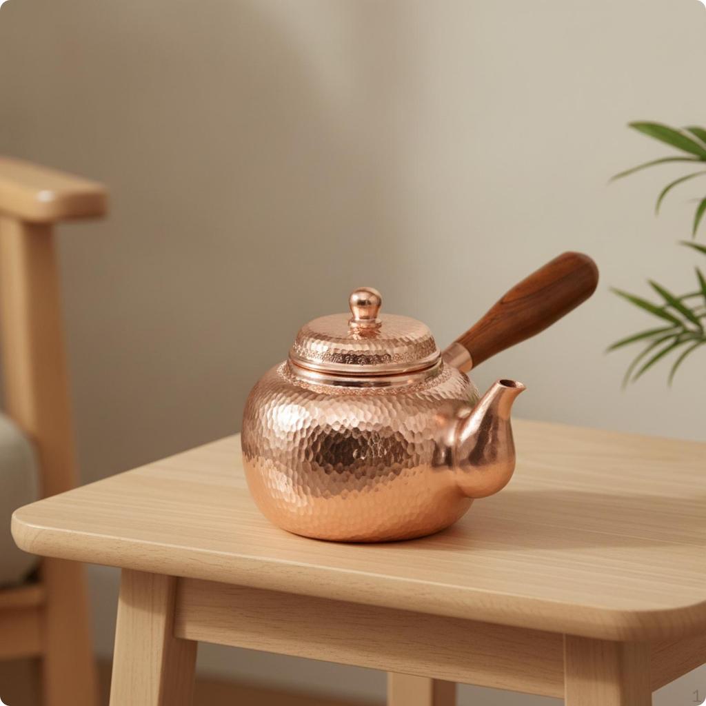 Copper Teapot HandHammered with Lid Polished Tea Maker for Collectors, Kitchen 350ML Wood
