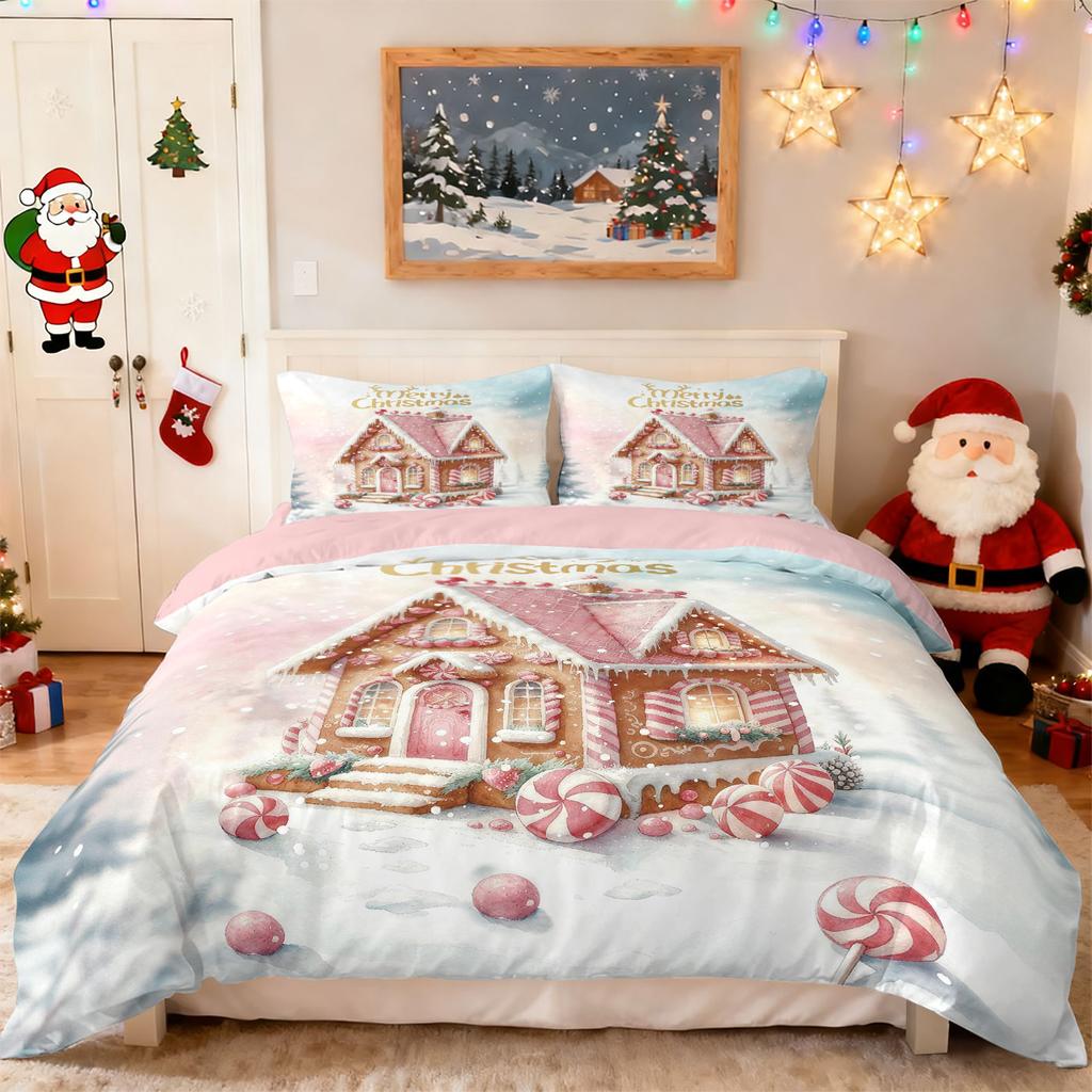 3Pcs Pink Romantic Christmas Cottage Merry Christmas Print Choreless Bedding Set Multi Size Bedroom Bedding Holiday Decoration