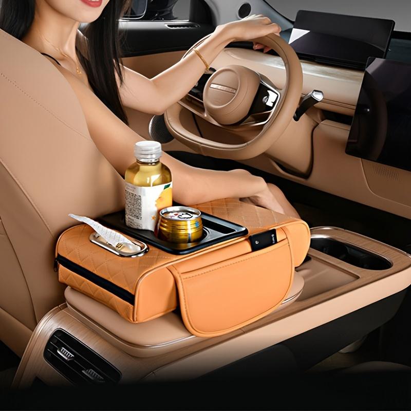 1 Stück Multifunktionale Auto-Armlehnenkissen mit Getränkehalter, Kunstleder-Aufbewahrungs-Erhöhungspad für Mittelkonsole, Fahrzeug-Taschentuchbox