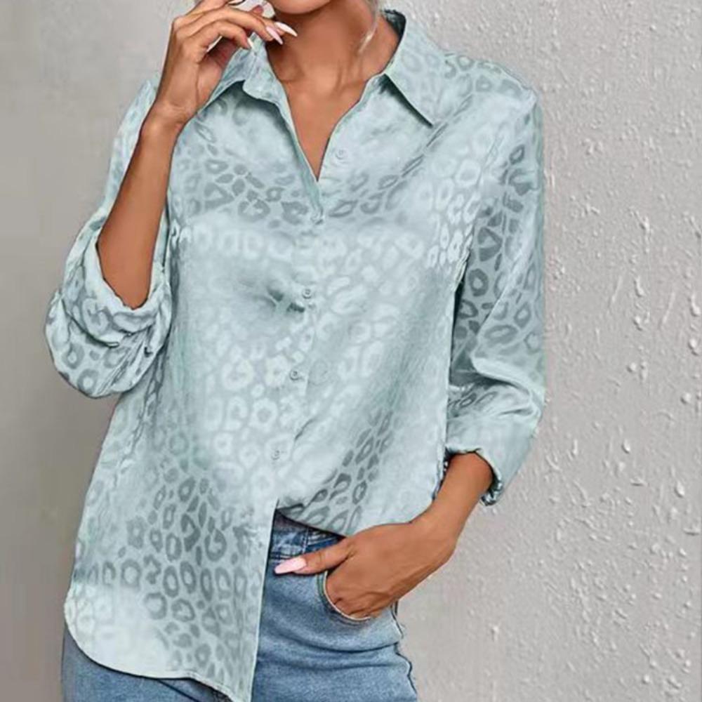 Women's Lapel Long Sleeve Shirt Loose Leopard Jacquard Satin Blouse For Spring Summer
