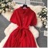 2026 retro embroidery hollow lace lapel breasted slim-fit long age-reducing bubble sleeve dress women