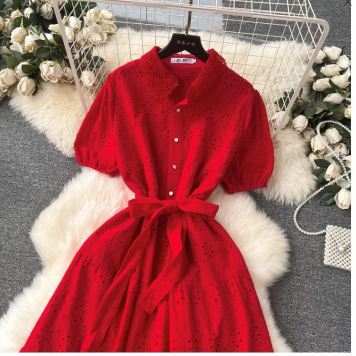2026 retro embroidery hollow lace lapel breasted slim-fit long age-reducing bubble sleeve dress women