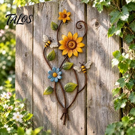 Bee And Flower Decoration Sunflower Wall Art Decor, 2D Flat Floral Hanging, Country Garden Rustic Farmhouse Decor Ornament for Fence Porch Entryway