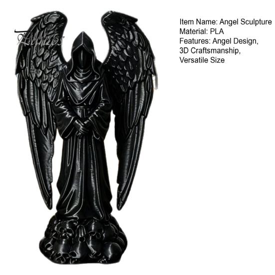 Mysterious Angel Ornament 3D Printed Sculpture Decoration, Dark Gothic Decoration with Detailed Feather Black Matte Finish Statue Texture, Figurine
