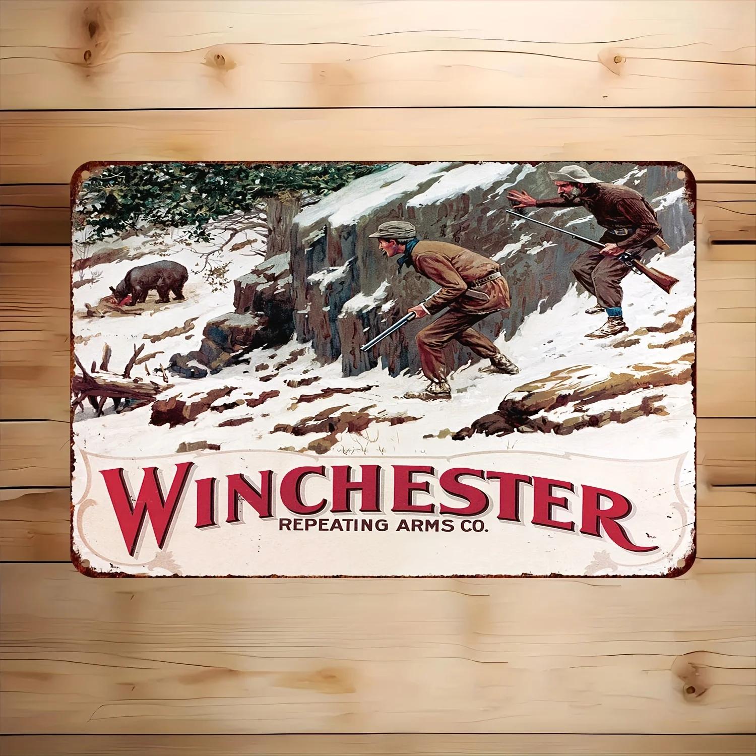 Winchester Vintage Metal Sign   Rustic Aluminum Wall Art with Hunting Scene  Repeating Arms Co Design for Garage for Man Cav 20x30cm（7.8x11.8inch）