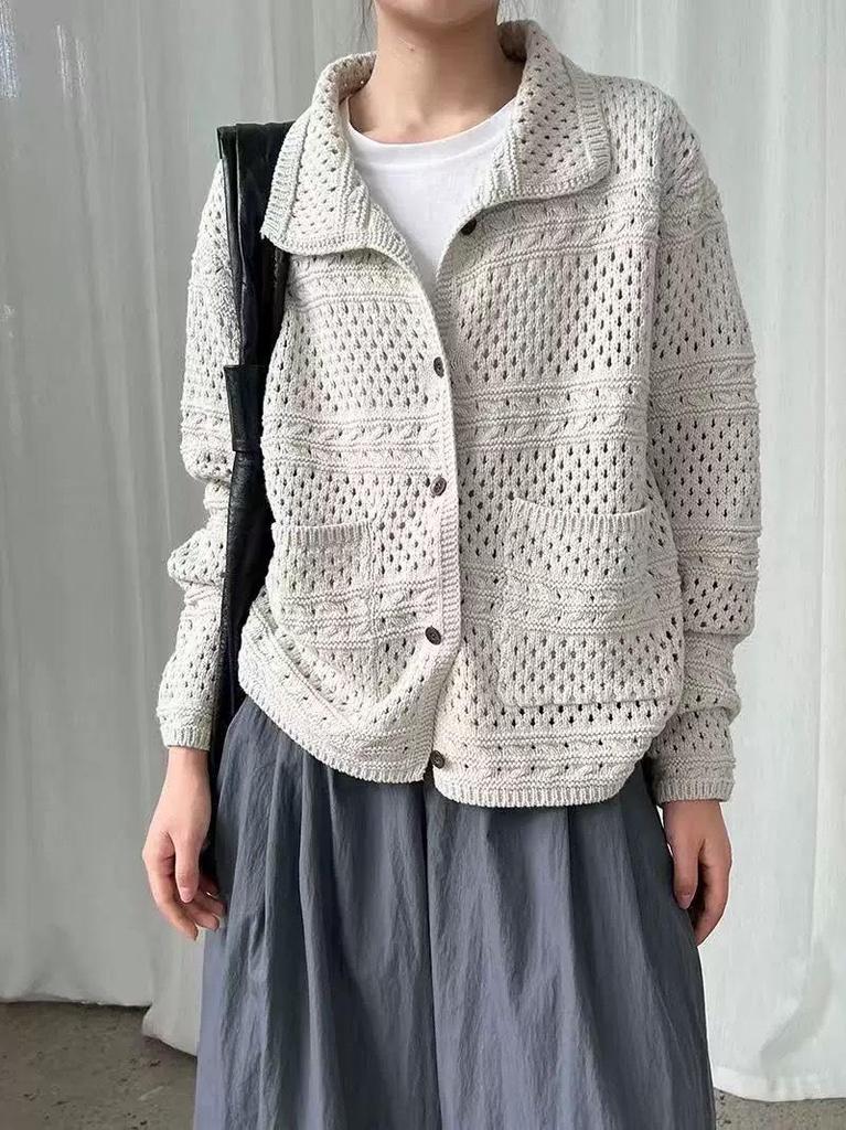 Korean Style Retro Knit Cardigan - Short Sleeve, Hollow-Out Design for Autumn/Winter