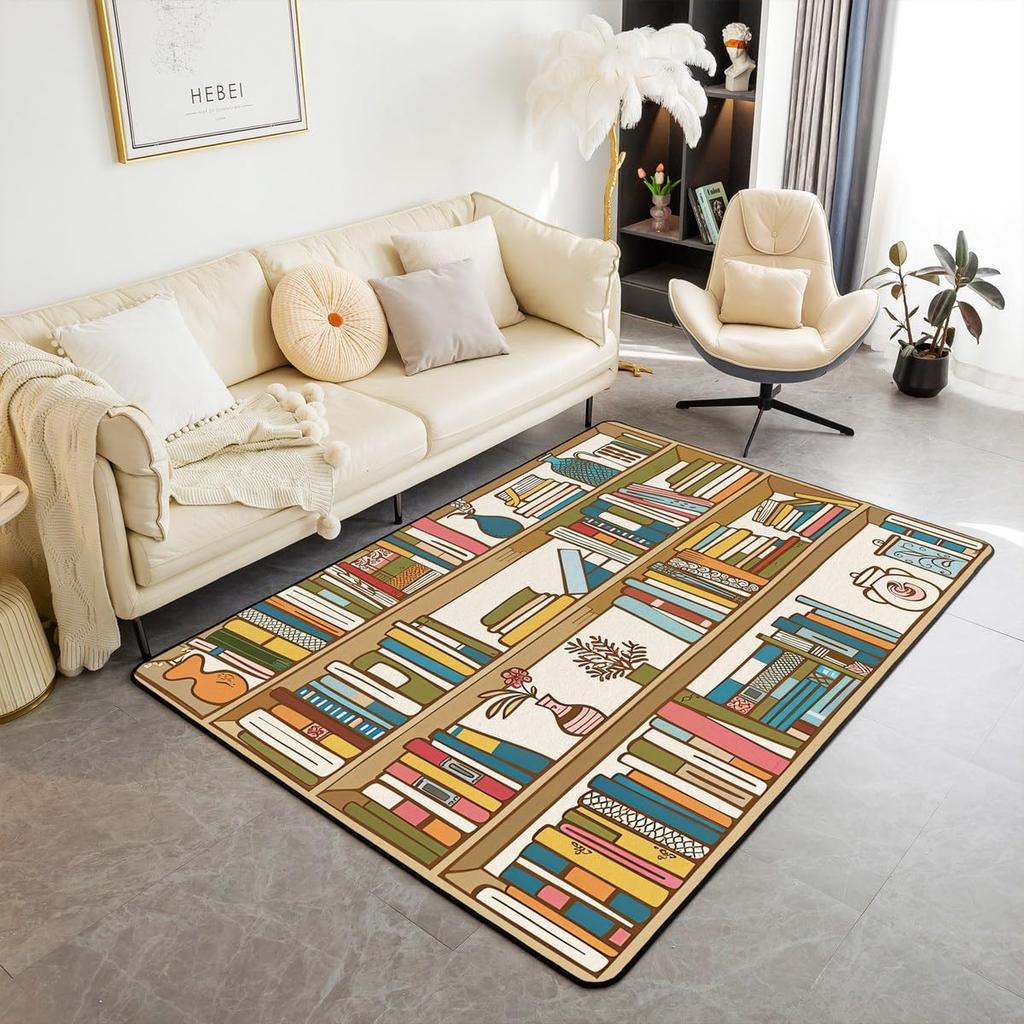 Bookshelf Area Rug for Teen Study Room Decor Library Book Print Carpet Vintage Bookshelf Living Room Doormat Bookcase Floor Mat