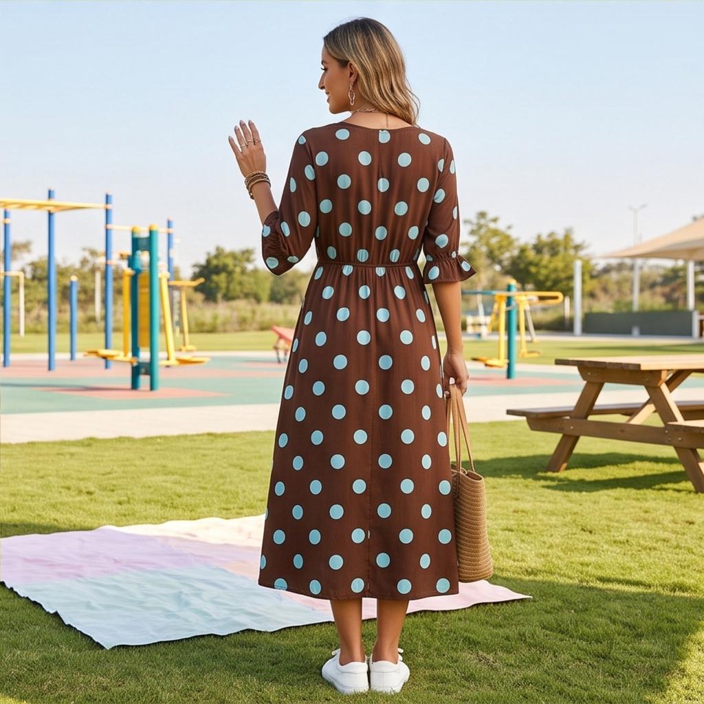 Damen Polka Dot Print Schmeichelhaftes Taillenbetonendes Midi-Kleid für Urlaub und Resort