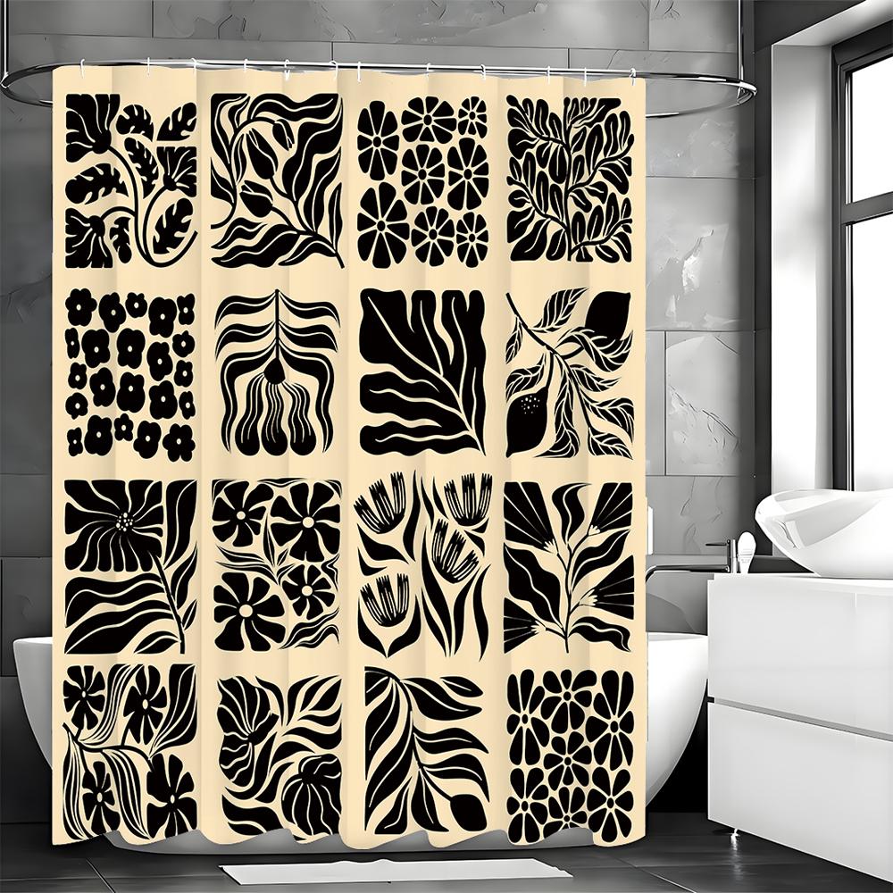 Black Floral Plant Collage Shower Curtain, Bathroom Decorative Shower Curtain, Waterproof Shower Curtain with Hooks