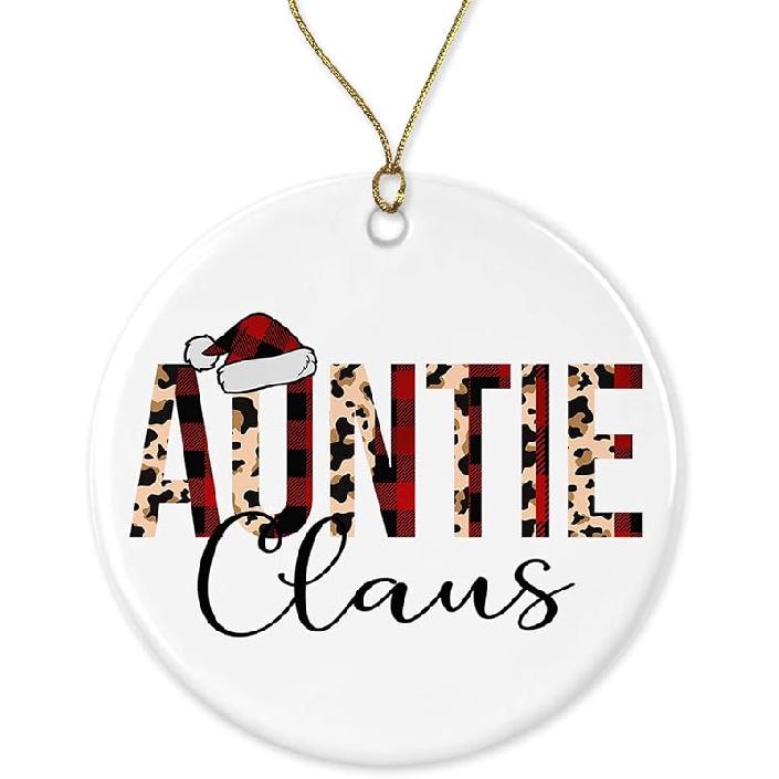 HTDesigns Leopard Auntie Claus Christmas Ornament - Red Buffalo Plaid Christmas Ornament for Auntie - Christmas Family Ornament Printed on One Side Printed on One Side