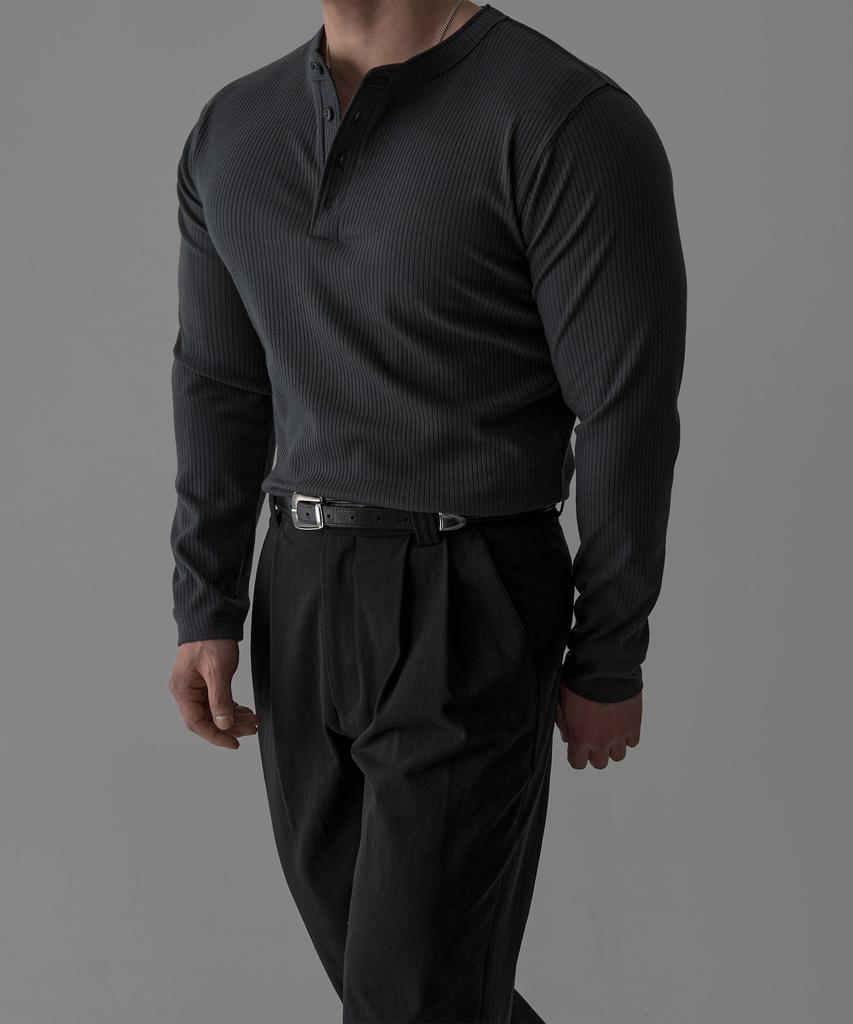 Baulopeulodeogteu Soft Ribbed Muscle Henley Neck Knit Tee [Charcoal]