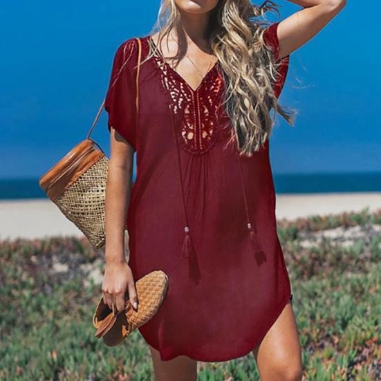 Sommer Strand Damen Unifarben Spitze Nähte V-Ausschnitt Kurzarm Minikleid