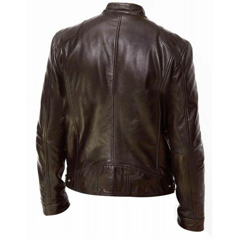 Winter Business Gentleman Zip Cardigan Pocket Decorative PU Leather Jacket Stand-Up Collar Slim Leather Jacket Jacket