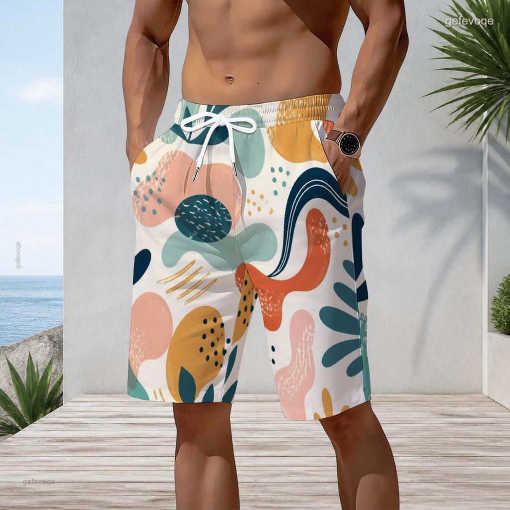 Men Plus Size Colorful Printed Beach Shorts Drawstring Waist Side Pockets Straight Leg
