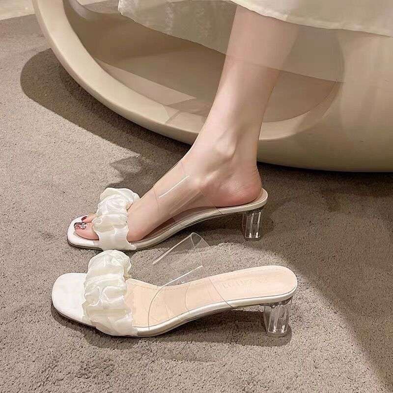 Sandals Women's Outer Wear Summer New 2025 Crystal Transparent Thick Heel French Sandals Slippers Summer High Heels Women