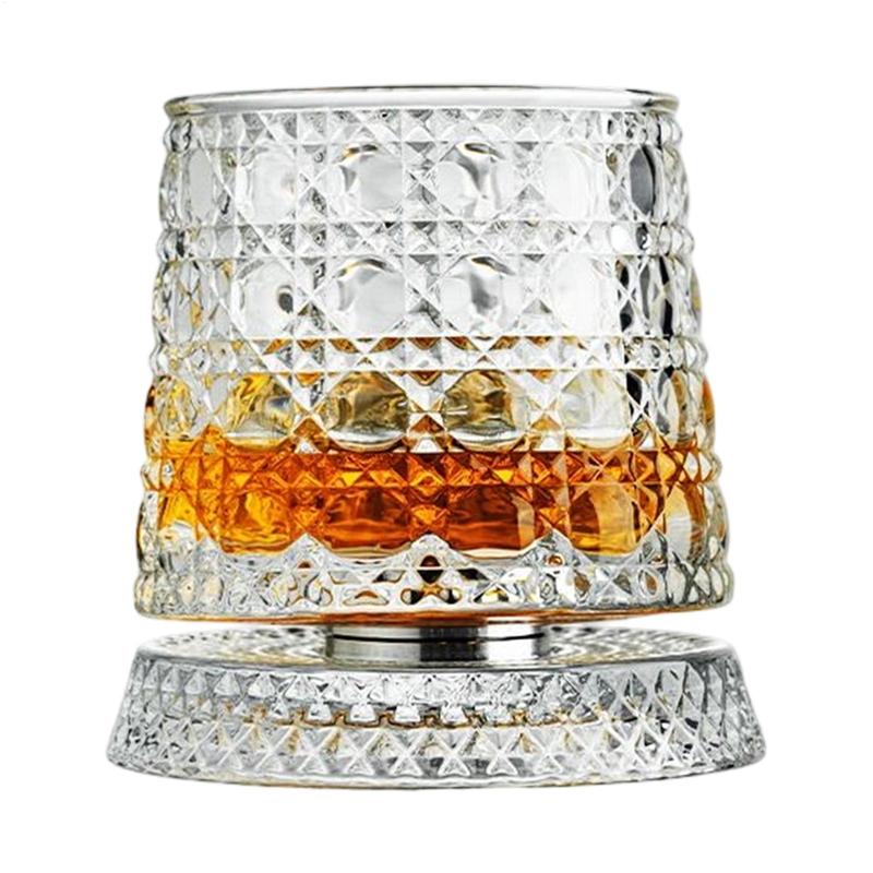 Whiskey Glasses Rotating Whisky Glass with Glass Base 360 Rotate Degrees Crystal Rum Glass for Cocktail Party Drinking