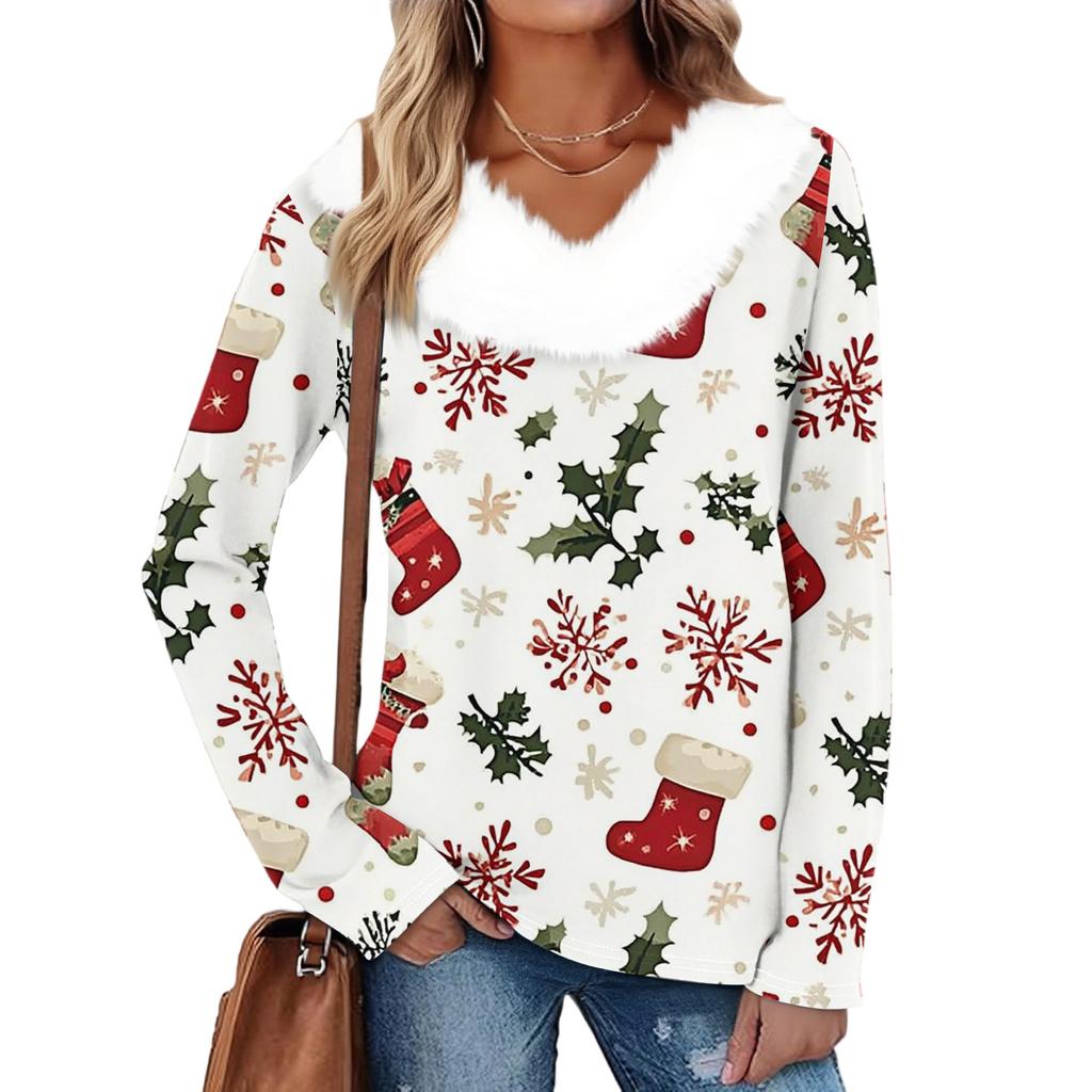 Women's Fashion Long Sleeve Christmas V-Neck Printed Party Furry Top
