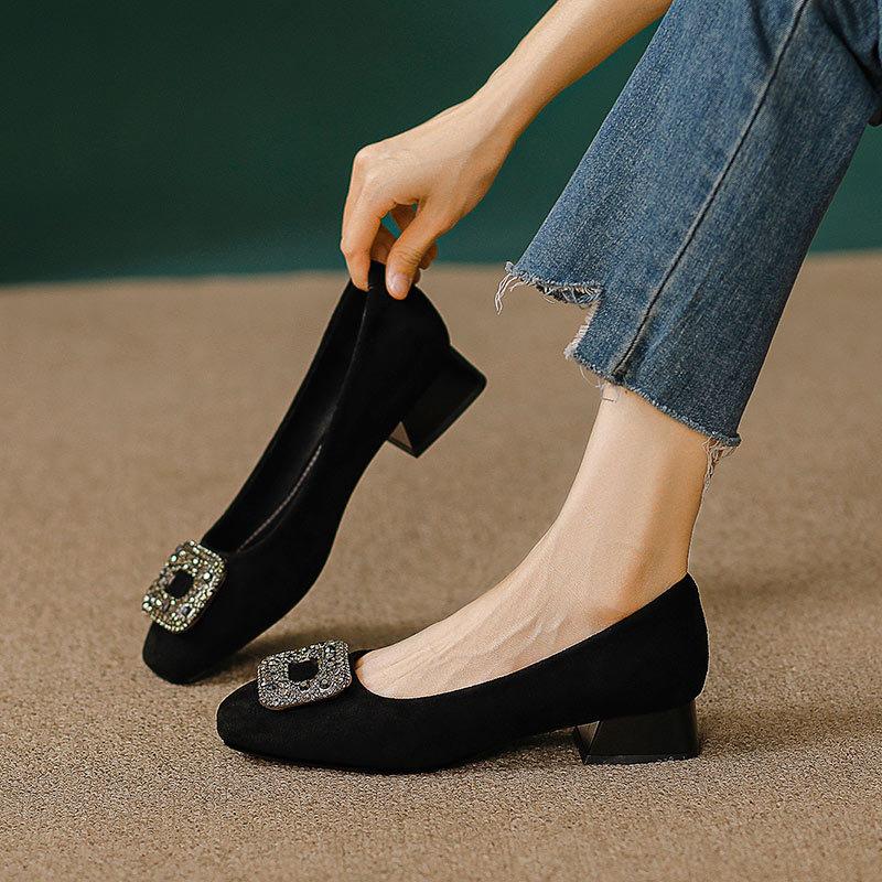 

Square head low-heeled single shoes for women s commuting new women s shoes, shallow-mouth rhinestone square buckle, not tired of thick-heeled shoes 40 темно-коричневого кольору
