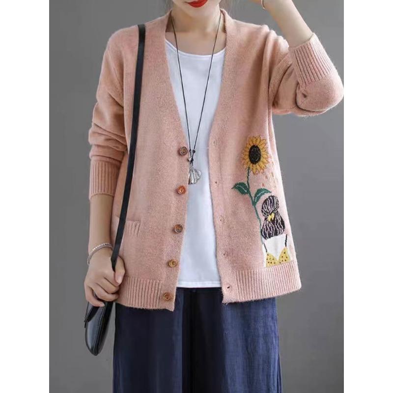 Women S Vintage V Neck Long Sleeve Knit Cardigan Loose Fit Thin Sweater Coat