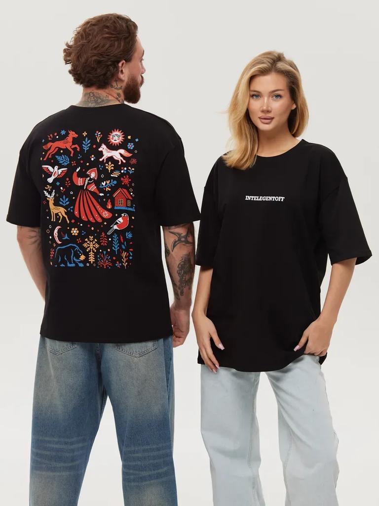 Black Oversized T-Shirt with Russian Fairy Tale Print