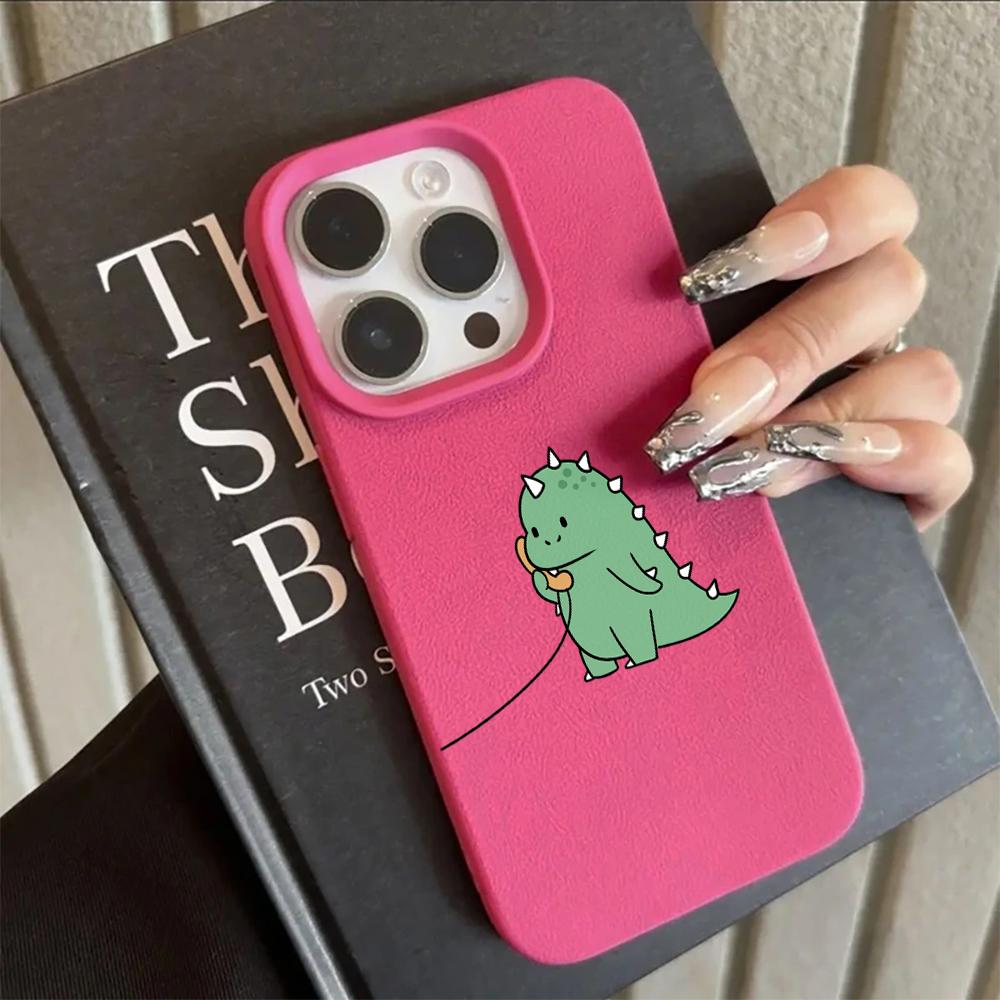Adorable Talking Dinosaur Pair Couple Case For iPhone 17 Air 16 15 14 13 12 11 Pro Max Plus X Litchi Texture Protective Cover