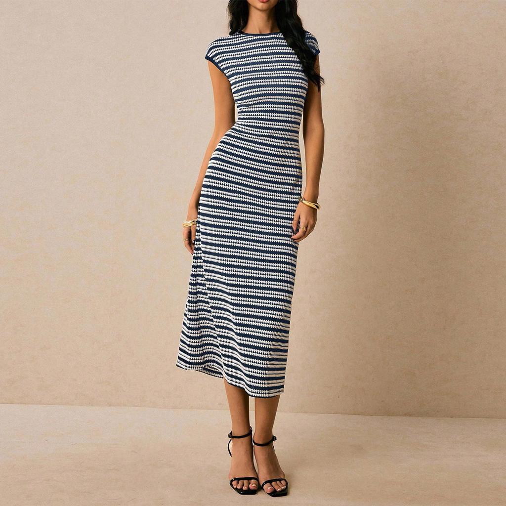 Women's Fashionable Casual Color Blocked Striped Waist Cinched Round Neck Short Sleeved Long Dress