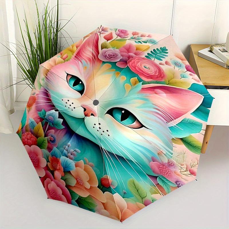 

1pc Pink Cat Art with Floral Accents Automatic Folding Umbrella - 3 Folding Design, Vivid Cartoon Pattern, Suitable for Outdoor Activities,