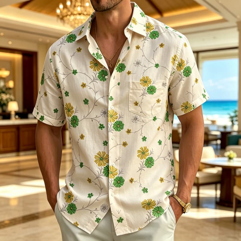 Men's Fresh Floral Print Short Sleeved shirt, With A Fresh Artistic style, Suitable For Summer Daily Life And Beach Vacations