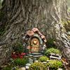 Wooden Crafts Decoration Fairy Garden Decoration, Tree Hollow Cottage Door with High-Definition Elf Light UV Printing, Waterproof Acrylic Outdoor