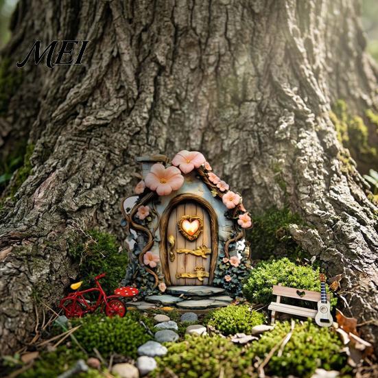 Wooden Crafts Decoration Fairy Garden Decoration, Tree Hollow Cottage Door with High-Definition Elf Light UV Printing, Waterproof Acrylic Outdoor
